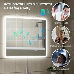 HOMCOM Lustro łazienkowe LED Bluetooth 70x90 cm podświetlane antypara głośnik 3 kolory światła dotykowe ścienne prostokątne | Aosom PL