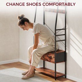 HOMCOM Garderoba z półką na buty, stojak na płaszcze z siedziskiem, 10 haczyków, 2 materiałowe szuflady, drążek, płyta wiórowa, metal, brązowy