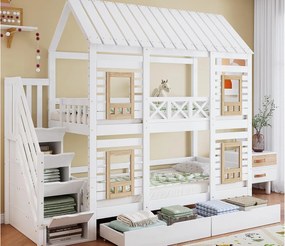 Łóżko piętrowe dziecięce 90×200 cm - z okienkiem - z 2 szufladami - schody z schowkiem - drewno lite - białe + naturalne