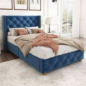 Łóżko dziecięce 90x200 cm - Łóżko pojedyncze z tapicerowanym zagłówkiem i stelażem - niebieski aksamit - bez materaca