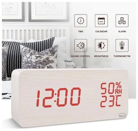 Zegar budzik elektroniczny led drewniany stojący - data termometr higrometr