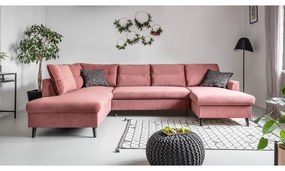 Różowa aksamitna rozkładana sofa w kształcie litery "U" Miuform Stylish Stan, lewostronna