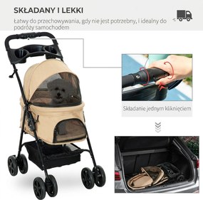 Outsunny Wózek dla psa składany z 2 pasami bezpieczeństwa do 20 kg khaki | Aosom PL