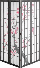 Przegroda SucceBuy, Japońska Przegroda z 4 Panelami z Motywem Kwiatów Wiśni, Przenośna Przegroda Japońska, Drewniana, Obracana o 360°, do Dzielenia Pomieszczeń