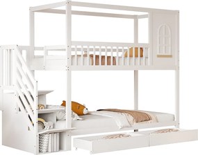 Łóżko piętrowe 90x200cm z litego drewna - 2 szuflady i schody do przechowywania - Białe