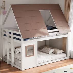 Łóżko piętrowe dla dzieci - 140 x 200 cm - z dachem + drabinka - MDF + drewno - białe i brązowe