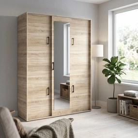 Masseno Garderoba BENVENO 150 cm, Modna Szafa z lustrem do Przedopokoju, Dąb sonoma