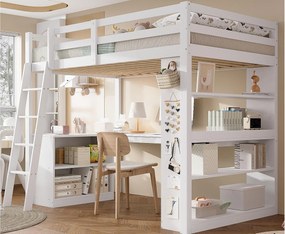 Łóżko antresolowe 90×200 cm - z biurkiem - z półką przechowawczą - z drabiną bezpieczeństwa - drewno lite + MDF - białe (bez materaca)