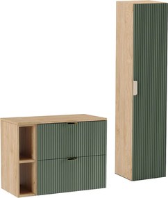 Zestaw Łazienkowy 80cm Szafka Blat Regał Słupek Ryflowane Fronty Zielony / Dąb Orzech