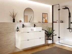 Wisząca ryflowana szafka łazienkowa z okrągłą umywalką nablatową kwadratową - Biały mat - 120 cm - ZEVINI