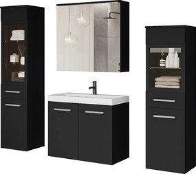 Meble łazienkowe z LED, zestaw wiszący do łazienki z umywalką, 2 słupkami i szafką lustrzaną, czarny mat