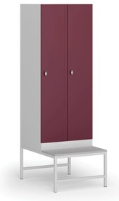 Szafka ubraniowa S1 z ławką, 2-drzwiowa, 1875 x 600 x 500/800 mm, zamek obrotowy, drzwi czerwone