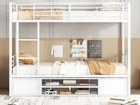 Łóżko piętrowe 90x200cm z żelaza - z meblem na buty i drabiną - Białe