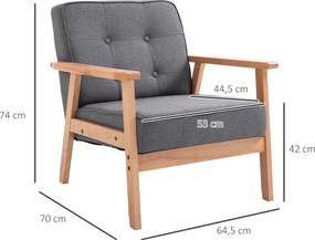 HOMCOM Fotel wypoczynkowy tapicerowany z podłokietnikami na drewnianym stelażu szary len 64x70x70 cm | Aosom PL