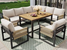 Zestaw mebli ogrodowych do jadalni dla 7-8 osób - narożnik - 2 fotele - 1 stół - beżowy