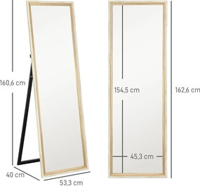 HOMCOM Lustro całosylwetkowe, rama MDF, folia antyrozbryzgowa, 162,6 x 53,3 cm, Naturalne drewno