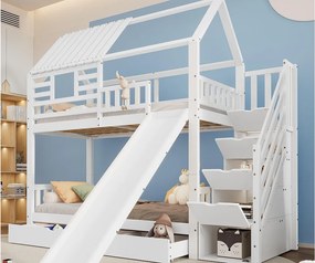 Łóżko piętrowe 90x200cm z drewna i MDF - z zjeżdżalnią i schodami do przechowywania - duża szuflada pod łóżkiem - Białe