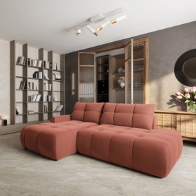Masseno Narożnik FLUMA z funkcją spania i pojemnikiem na pościel Narozniki L, Rozkładana sofa - Koralowy, CASTEL 55