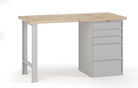 Stół warsztatowy G7, blat bukowy, 1500 x 685 x 840 mm, 1x kontener, 5x szuflada, szary