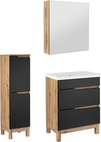 Zestaw Łazienkowy 60cm 2S Alma Półsłupek Szafka z Lustrem Dąb Wotan / Czarny Mat