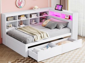 Łóżko-sofa z litego drewna 90 x 200 cm - z schowkiem - z USB - z oświetleniem LED + z gniazdkiem - białe (bez materaca)