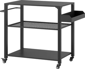 Outsunny Wyspa Kuchenna na Zewnątrz, Wózek Grillowy z Półką na Zapasy, Uchwytem, 4 Kołami, Wózek Kuchenny, Taras, Ogród, Metal, Czarny