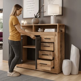 Komoda Dwudrzwiowa z Szufladami BLAGO MIDI A 119,6 cm Surowy Dąb/Czarny Loft