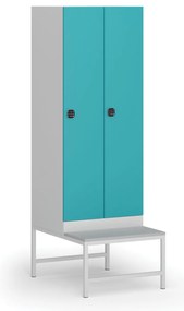 Szafka ubraniowa S1 z ławką, 2-drzwiowa, 1875 x 600 x 500/800 mm, zamek kodowy, drzwi zielone