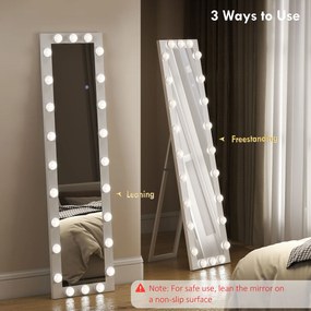 HOMCOM Lustro całopostaci 150x40 cm Lustro LED z 24 żarówkami 3 barwy światła, wolnostojące, do oparcia lub montażu na ścianie Biały | Aosom PL