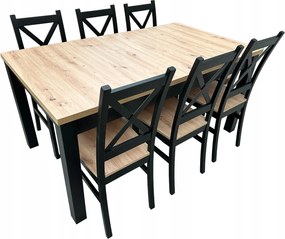 Stół prostokątny Czarny + 6 Krzeseł DĄB ARTISAN 90x160/210 ZESTAW + Nogi drewniane