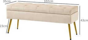 HOMCOM Ławka z miejscem do przechowywania w wyglądzie aksamitu, pikowany podnóżek z tapicerowaną ławką, rama metalowa, 102 x 35 x 43 cm, Beżowy