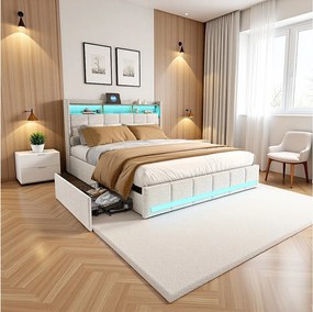 Nowoczesne Beżowe Łóżko Lin 160x200 cm z 4 Szufladami, LED, USB, Typ C - Podwójne Łóżko Dla Dorosłych z Stelażem Listwowym