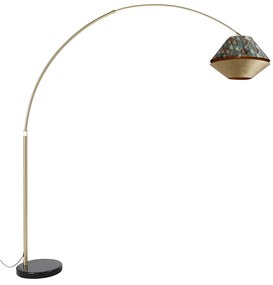 Luk Mosiężna lampa łukowa z podwójnym aksamitnym abażurem z motywem liści i w kolorze beżowym - XXL klasyczny/Antyczny Oswietlenie wewnetrzne