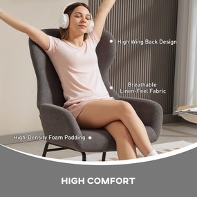 HOMCOM Nowoczesny Fotel Tapicerowany w Stylu Uszatego, Wysokie Oparcie, Grube Wypełnienie, Nogi Metalowe, Szary