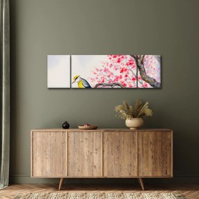 Obraz - ptak na drzewie z czerwonymi kwiatami (170x50 cm)
