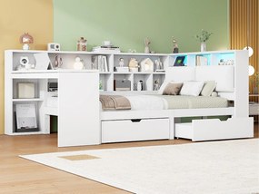 Łóżko dziecięce 140x200cm - z biurkiem i biblioteczką - z oświetleniem LED - z 2 szufladami - Pikowany zagłówek - Biały (bez materaca)
