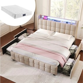 Łóżko dla dorosłych 160x200 cm – z zagłówkiem, 4 szufladami, portem USB, oświetleniem LED – beżowy len – materac w cenie