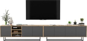 Szafka RTV z 7 drzwiami i 1 wnęką – korpus dąb wotan, fronty grafit mat – 300 cm, metalowa rama