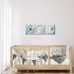 Obraz - 3D niebieskie kwiaty (z zegarem) (90x30 cm)