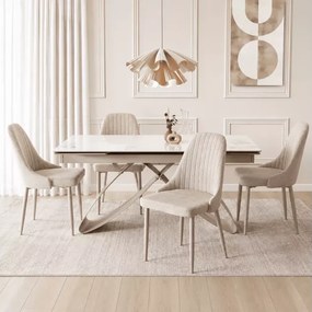Zestaw stół Twig rozkładany ceramiczny 160-240 biały marmur kaszmir + 4 krzesła Sligo kremowe