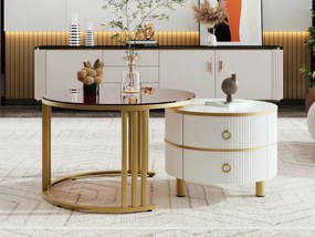 Zestaw 2 okrągłych stolików kawowych 2 w 1, stolik pomocniczy MDF - blat ze szkła hartowanego w kolorze brązowym - 2 szuflady - 70x70x45 + 50x50x40 cm