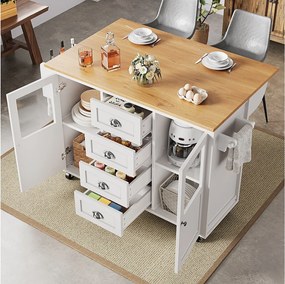 Rozkładana wyspa centralna - 137,9 x 45/73 x 93 cm - wózek z kółkami + 2 drzwi + 4 szuflady - MDF + Metal - biały