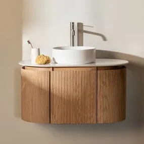 Zestaw Drewnianych Mebli Łazienkowych Carsone Naturalna & Bez Jednostki Pomocniczej & Okrągły Ceramiczny Biały Ø40 - Sklum