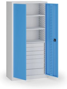 Szafa warsztatowa, 3 półki + 7 szuflad, 1950 × 950 × 500 mm, niebieskie drzwi