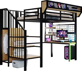 Łóżko piętrowe metalowe - 90 x 200 cm - z biurkiem + półką i siatką na rzeczy + drabinką + diodami LED + gniazdkiem elektrycznym - czarne