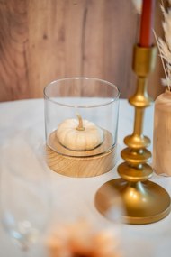 Komplet świeczników ze szkła Ete z drewnianymi podstawkami, 3 sztuki