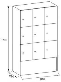 Drewniana szafka skrytkowa, 9 schowków, 1700 x 900 x 420 mm, zamek cylindryczny, orzech