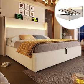 Łóżko z pojemnikiem 140 x 200 cm - Łóżko dla dorosłych z oświetleniem LED i portami USB/Type-C - beżowa pościel - materac nie jest wliczony w cenę