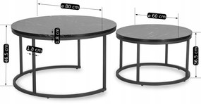 Zestaw Stolików Kawowych MAURO MAX 60 cm/80 cm Czarny Marmur Nowoczesny Glamour