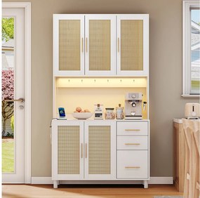 Kredens kuchenny 183 cm z oświetleniem LED, portami USB, regulowanymi półkami i 3 szufladami – biały